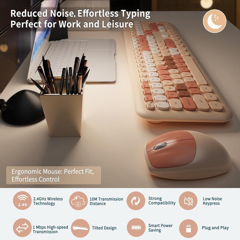 Nowlike Wireless Keyboard and Mouse Combo, Retro Typewriter Keyboard with Round Keycaps, Full-Size Ergonomic, Brown, Ideal for Windows PC, Home, Office, and College, Wireless Keyboard Mouse Combo - Image 5